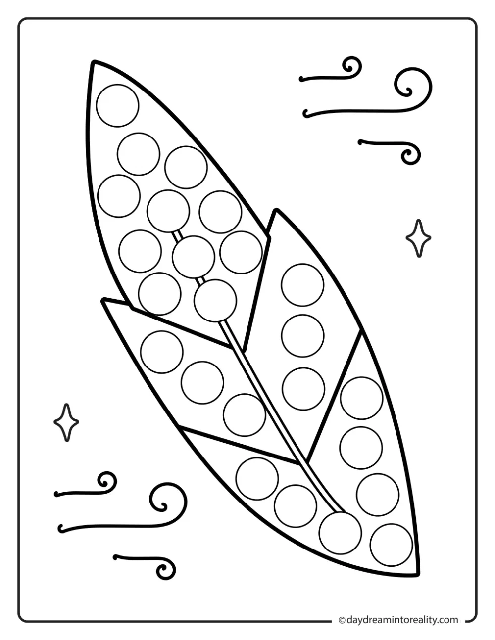 Black-and-white dot marker page featuring three overlapping feathers with curved wind lines, with blank circles to dot.