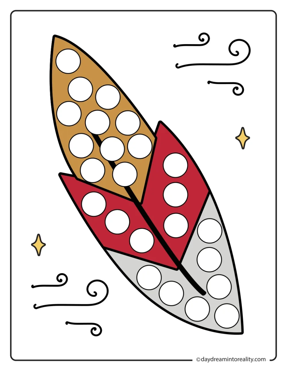 Color dot marker page featuring three overlapping feathers with curved wind lines, with blank circles to dot.