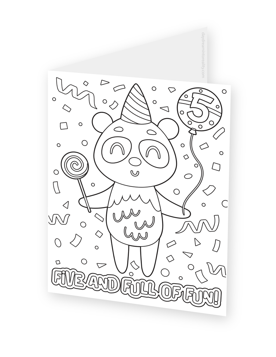 Foldable coloring card featuring an owl in a party hat holding a lollipop and a balloon marked 5.