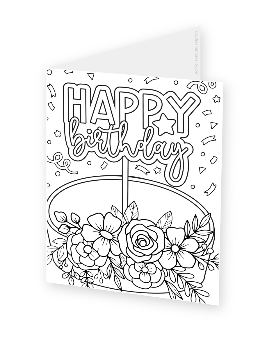 Foldable coloring card featuring a large bouquet of flowers beneath a Happy Birthday banner.