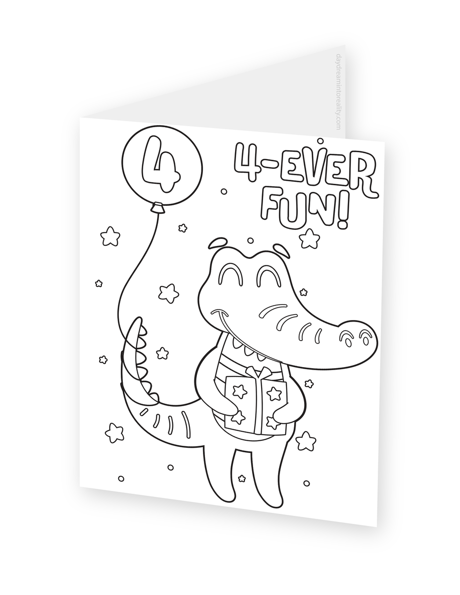 Foldable coloring card featuring a smiling crocodile holding a gift and a balloon marked 4 beside Four-ever Fun lettering.