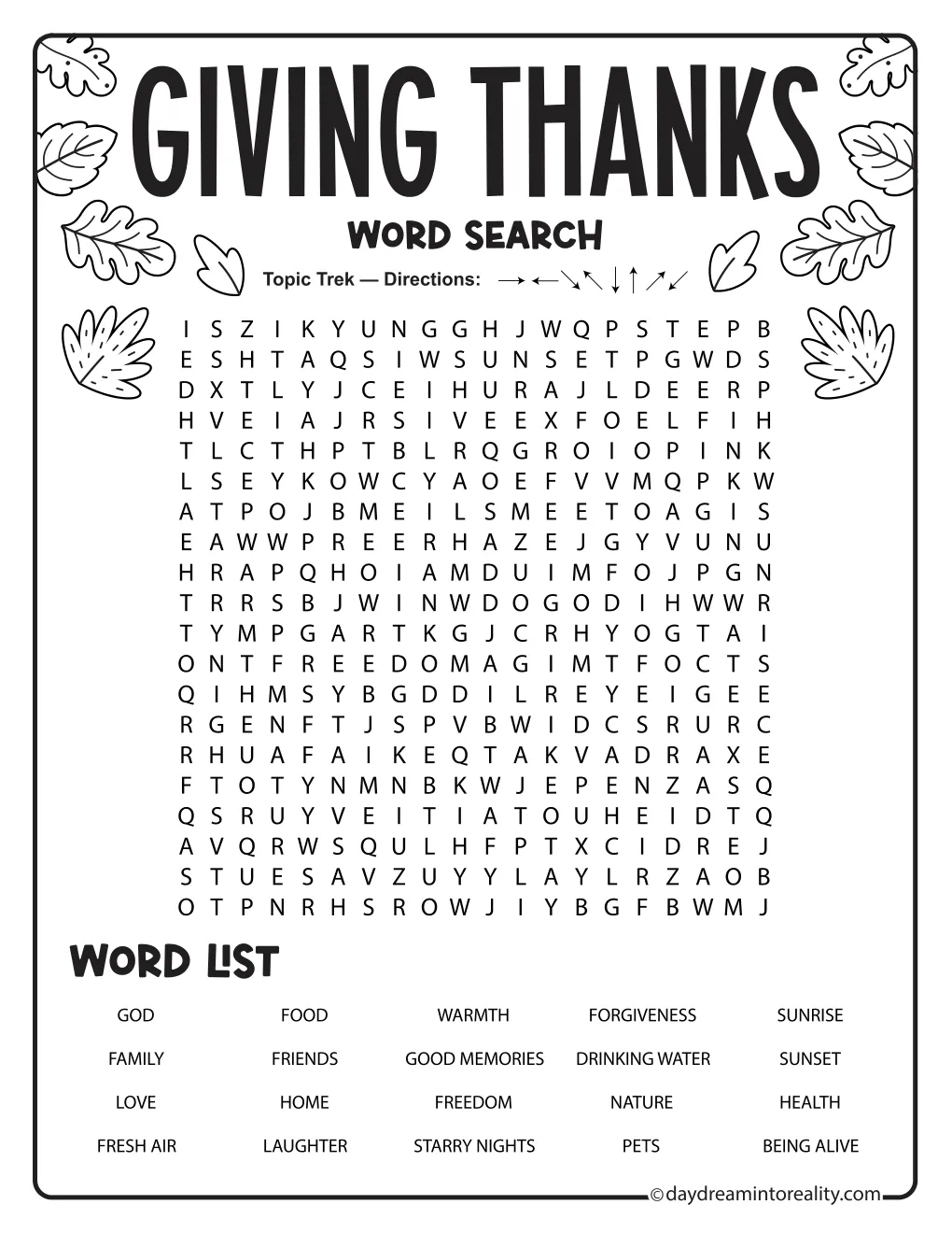 Giving Thanks word search with 20 words about gratitude and blessings, framed by autumn leaves.