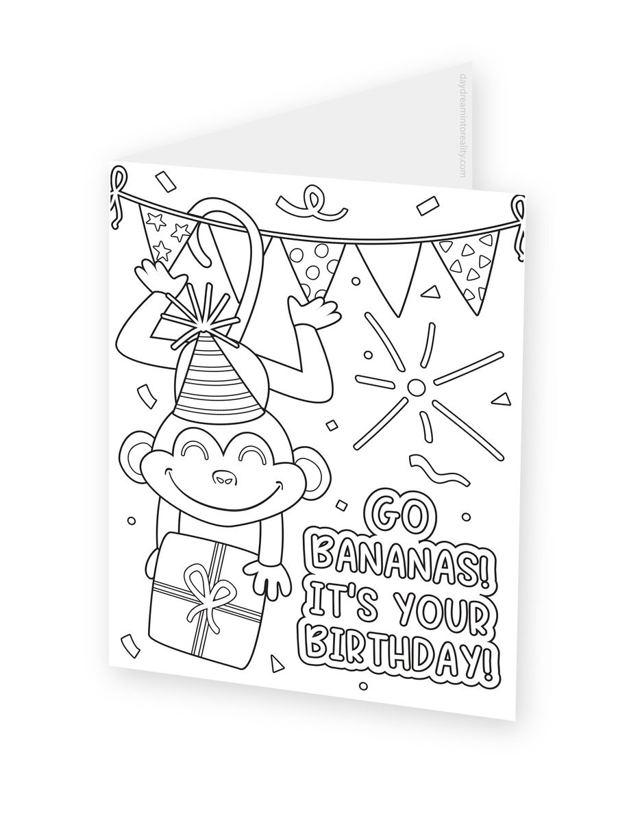 Foldable coloring card featuring a smiling monkey in a party hat holding a gift beside Go Bananas, It's Your Birthday lettering.