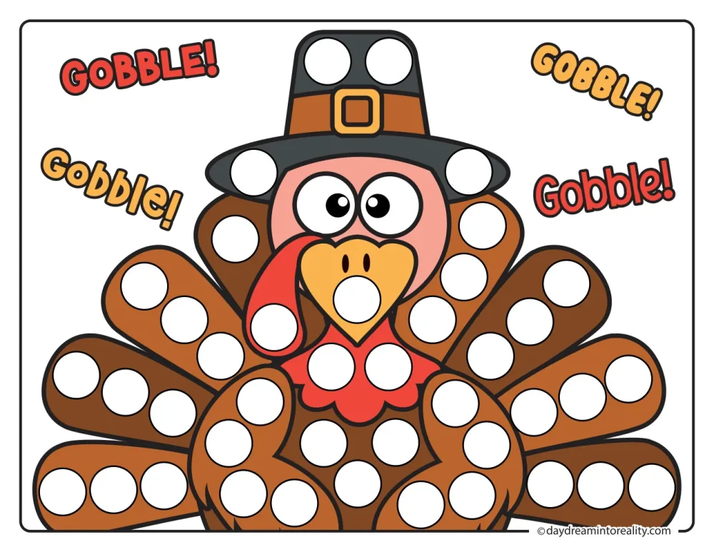 Color dot marker page featuring a turkey wearing a pilgrim hat with spread tail feathers and Gobble lettering, with blank circles to dot.