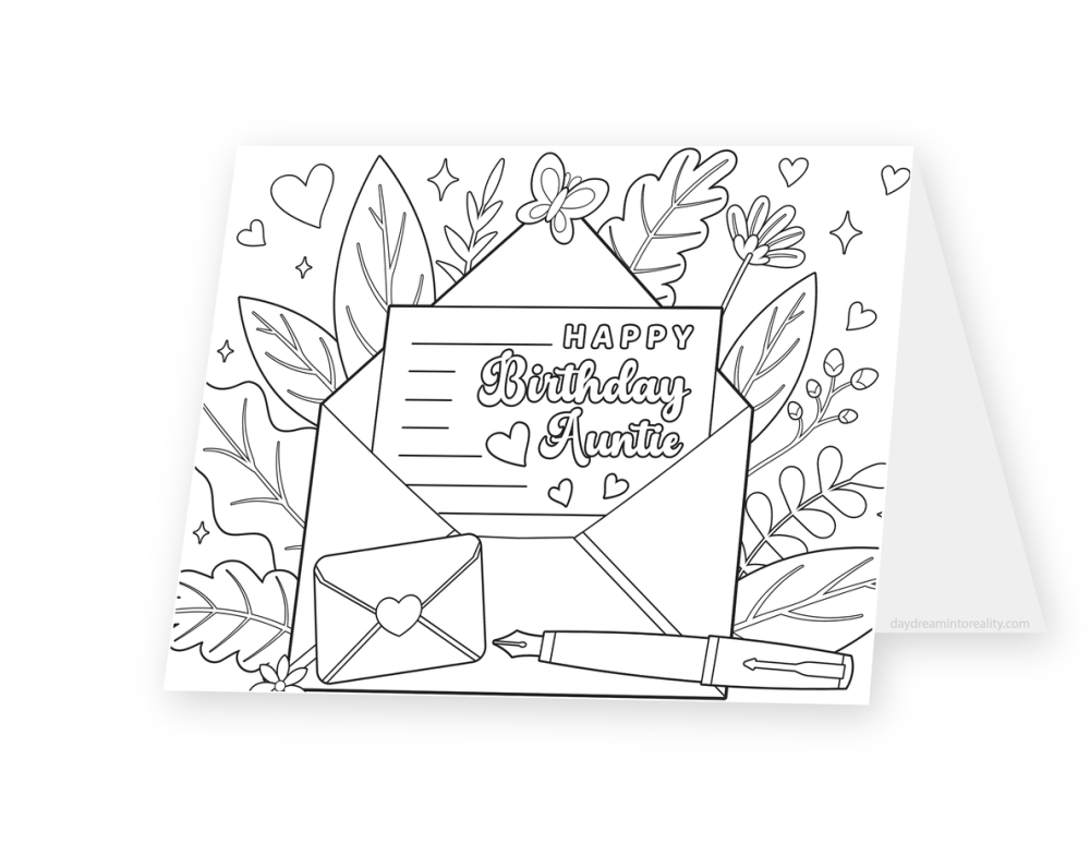 Foldable coloring card featuring a floral arrangement around an envelope and a letter reading Happy Birthday Auntie.