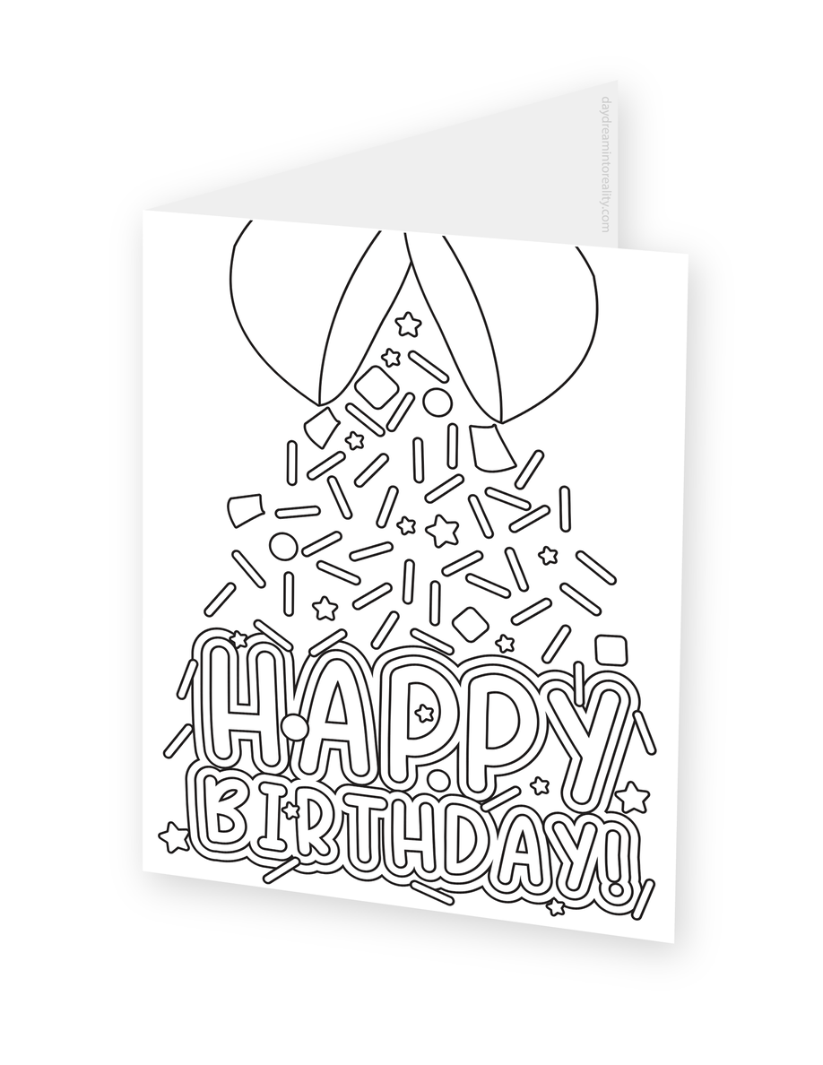 Foldable coloring card featuring a balloon scattering confetti above large Happy Birthday lettering.