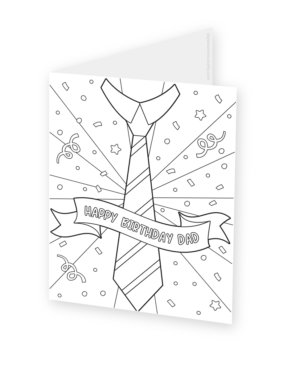 Foldable coloring card featuring a striped necktie with a Happy Birthday Dad ribbon against radiating lines.