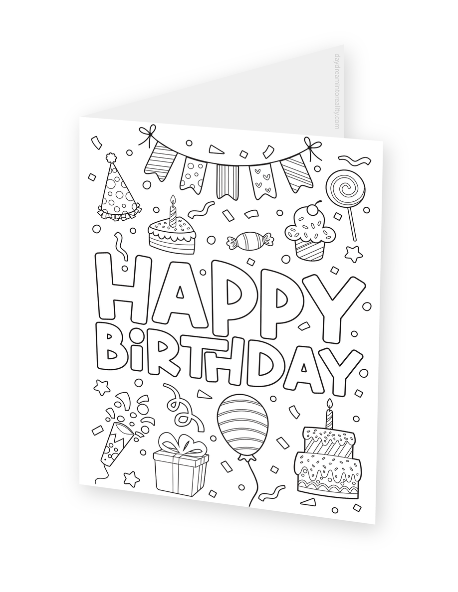 Foldable coloring card featuring large Happy Birthday lettering surrounded by party hats, cake, gifts, balloons, and bunting.