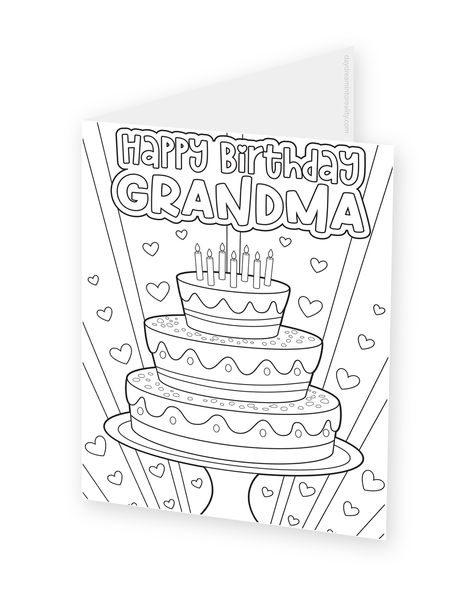 Foldable coloring card featuring a tiered cake with candles beneath Happy Birthday Grandma lettering.