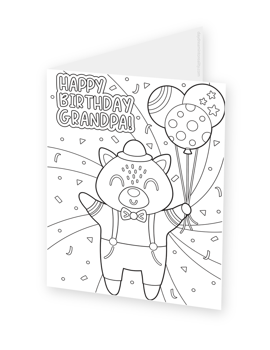 Foldable coloring card featuring a smiling bear holding patterned balloons beneath Happy Birthday Grandpa lettering.