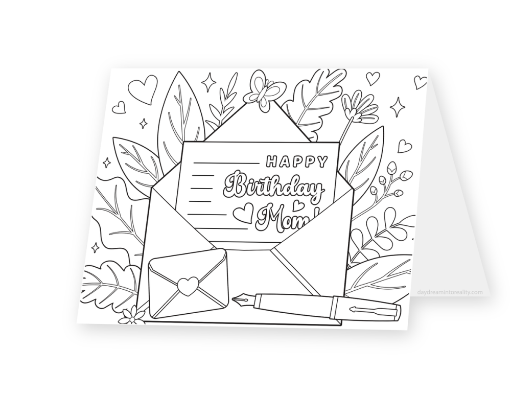 Foldable coloring card featuring an envelope, a letter, flowers, hearts, and the message Happy Birthday Mom.