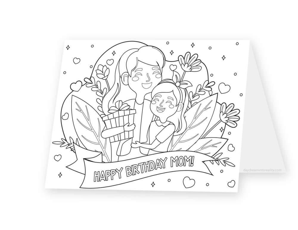 Foldable coloring card featuring a mother and daughter together with flowers, hearts, and a Happy Birthday Mom banner.