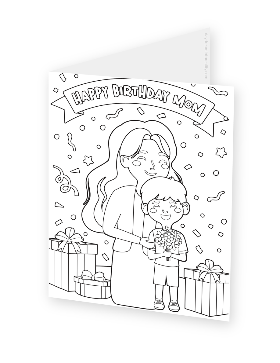 Foldable coloring card featuring a mother and child standing among wrapped gifts under a Happy Birthday Mom banner.