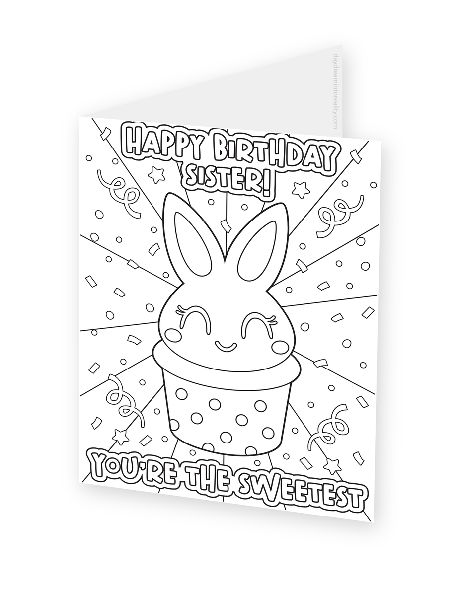 Foldable coloring card featuring a bunny peeking from a gift beneath Happy Birthday Sister and You're the Sweetest lettering.