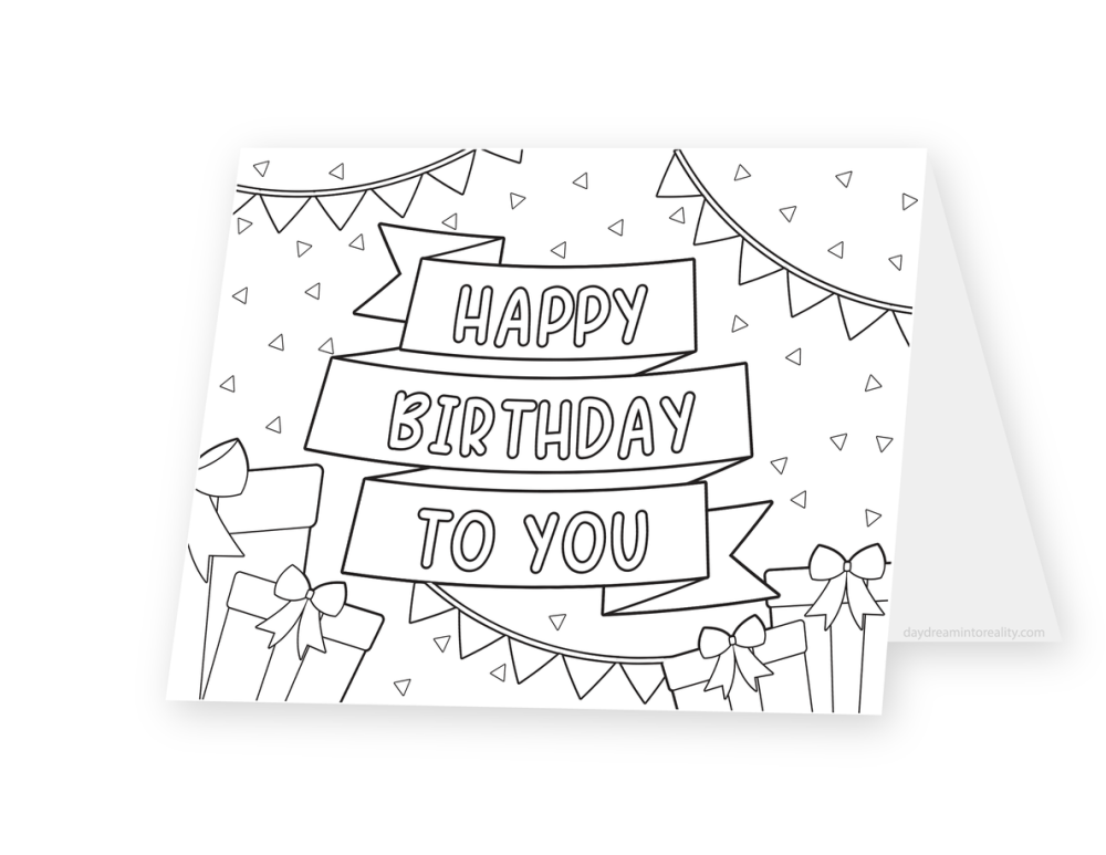 Foldable coloring card featuring stacked Happy Birthday to You banners above wrapped gifts and below bunting.