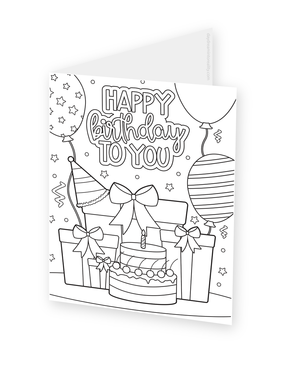 Foldable coloring card featuring a candle-topped cake, wrapped gifts, balloons, and Happy Birthday to You lettering.