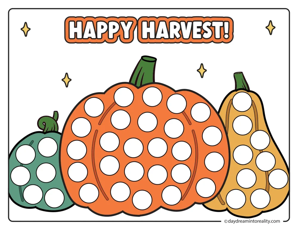 Color dot marker page featuring three pumpkins and gourds beneath Happy Harvest lettering, with blank circles to dot.