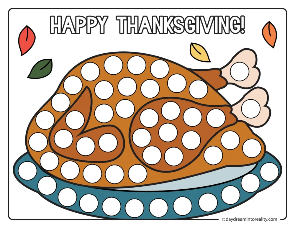 Color dot marker page featuring a roast turkey on a platter beneath Happy Thanksgiving lettering, with blank circles to dot.
