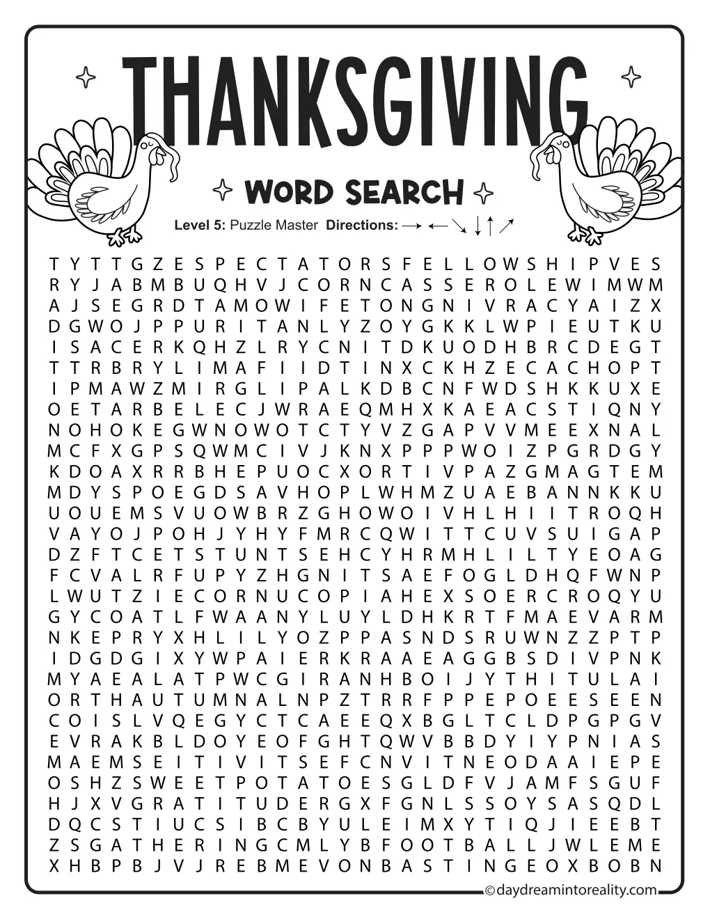 Hard Thanksgiving word search with a 30-by-30 grid and two turkey illustrations; 50 words appear on a separate word-list page.
