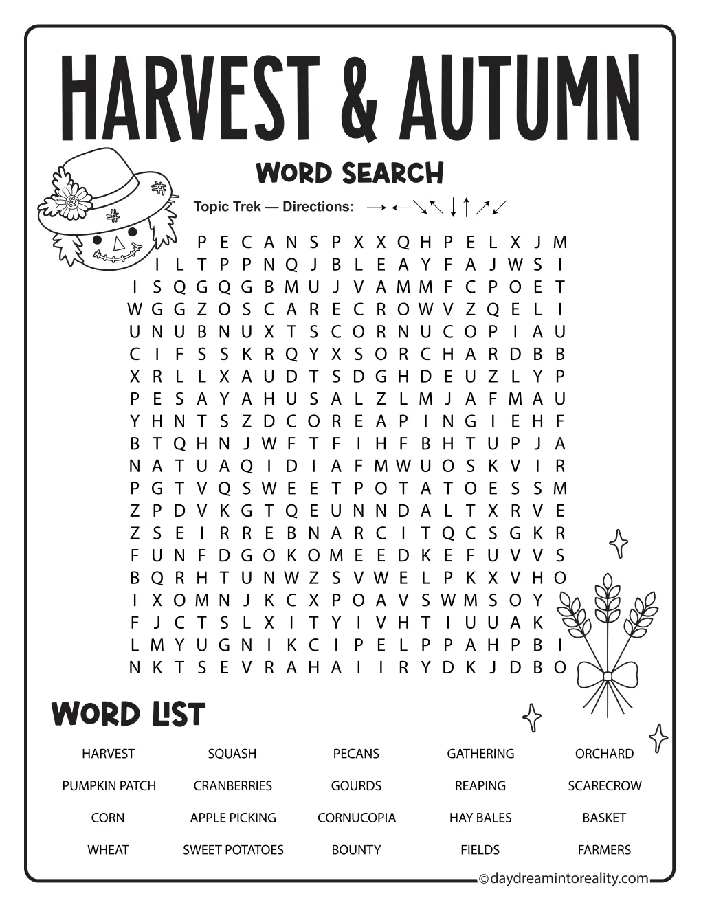 Harvest and Autumn word search with 20 seasonal words, illustrated with a basket of apples and wheat.