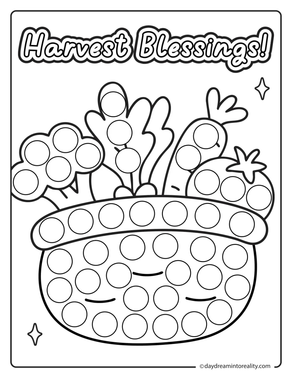 Black-and-white dot marker page featuring a basket of vegetables beneath Harvest Blessings lettering, with blank circles to dot.