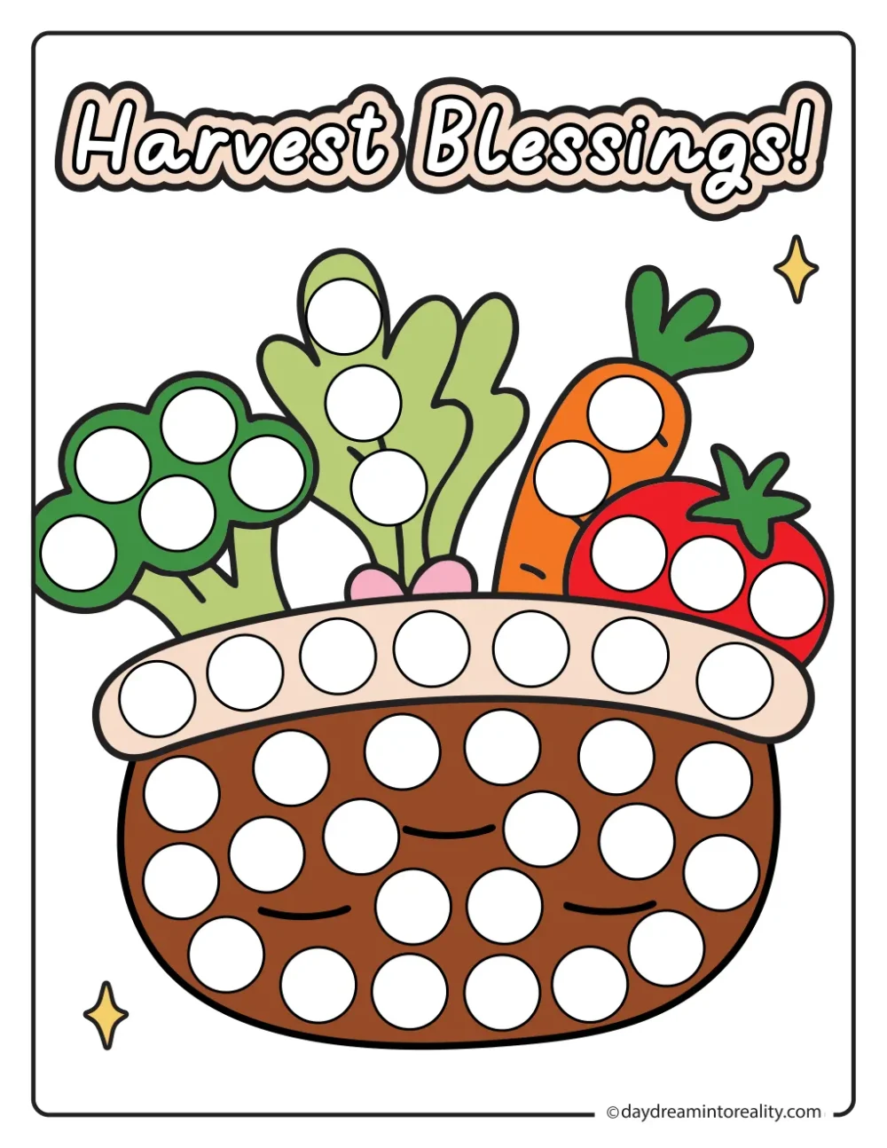 Color dot marker page featuring a basket of vegetables beneath Harvest Blessings lettering, with blank circles to dot.