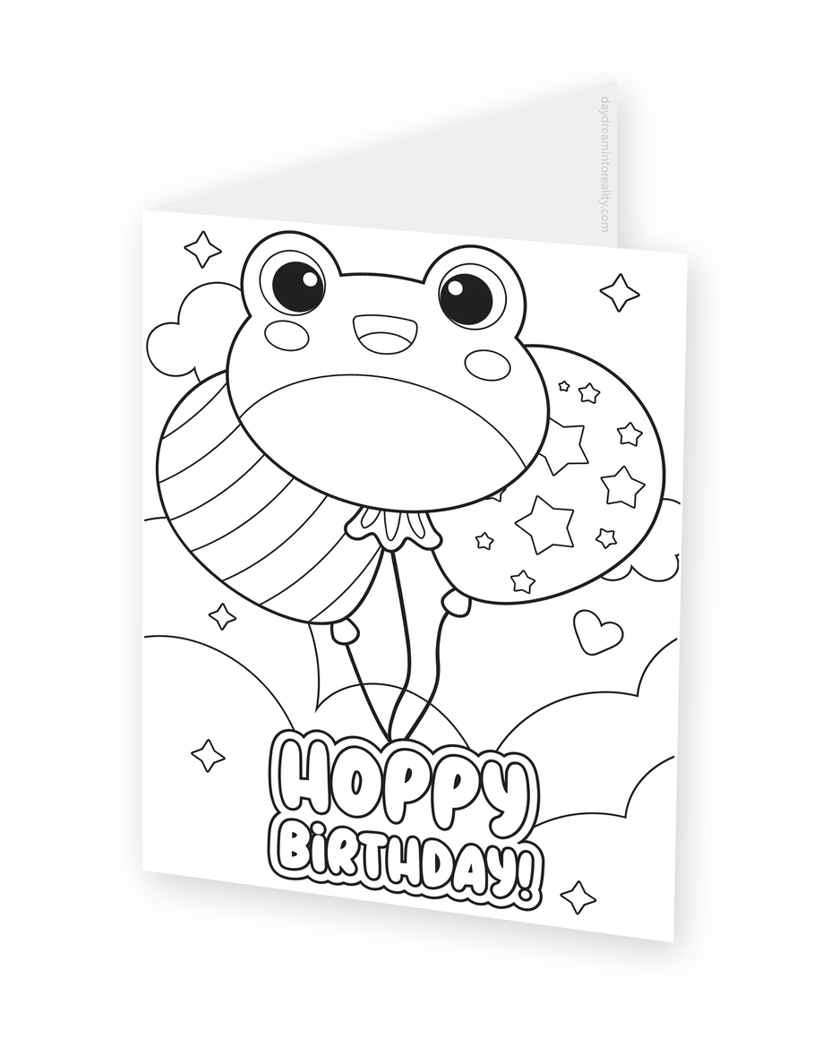 Foldable coloring card featuring a frog holding two patterned balloons above Hoppy Birthday lettering.