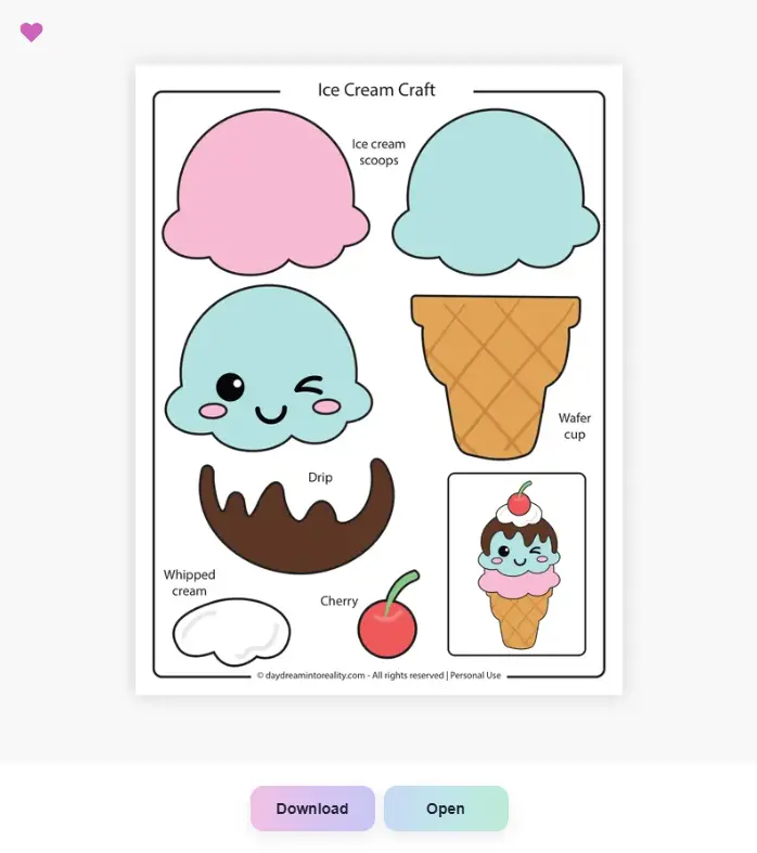 Ice Cream Craft printable shown in the Vault with Download and Open buttons