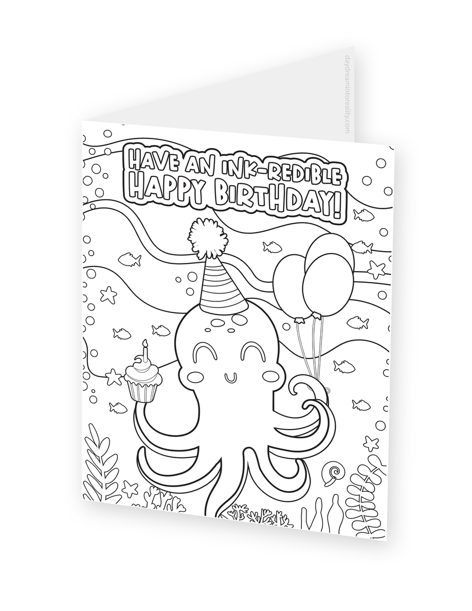 Foldable coloring card featuring a smiling octopus in a party hat with balloons, a cupcake, and an Ink-redible Happy Birthday message.