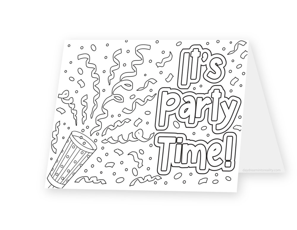 Foldable coloring card featuring a party popper, curling streamers, confetti, and the words It's Party Time.