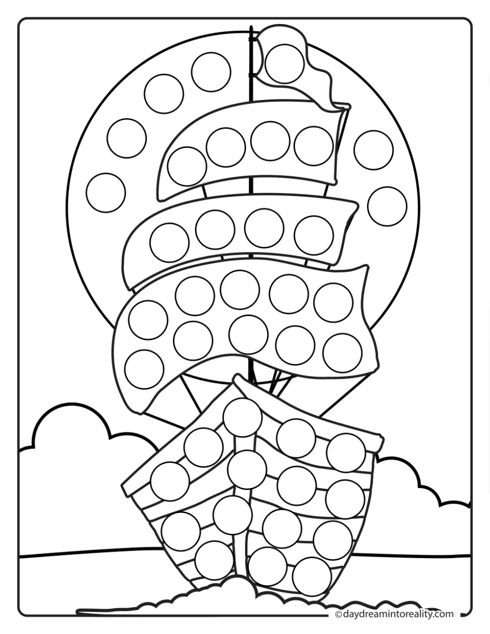 Black-and-white dot marker page featuring a sailing ship with tall sails, a flag, and clouds, with blank circles to dot.