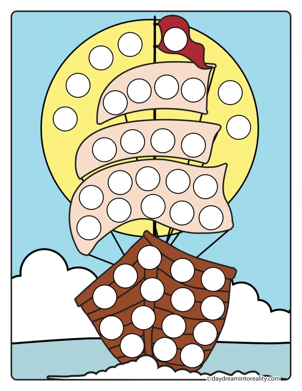 Color dot marker page featuring a sailing ship with tall sails, a flag, and clouds, with blank circles to dot.