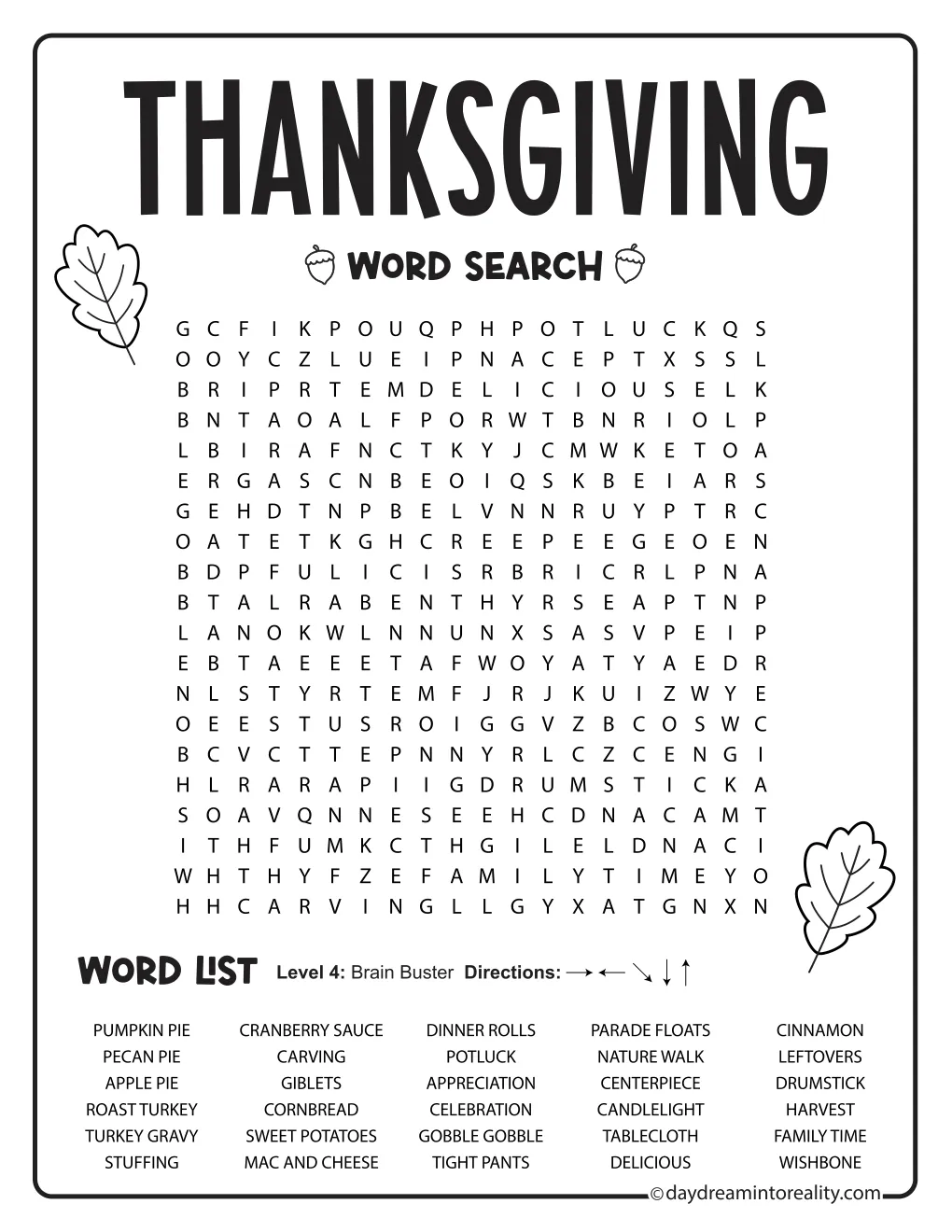 Medium-hard Thanksgiving word search with 30 words in a 20-by-20 grid and autumn leaf illustrations.