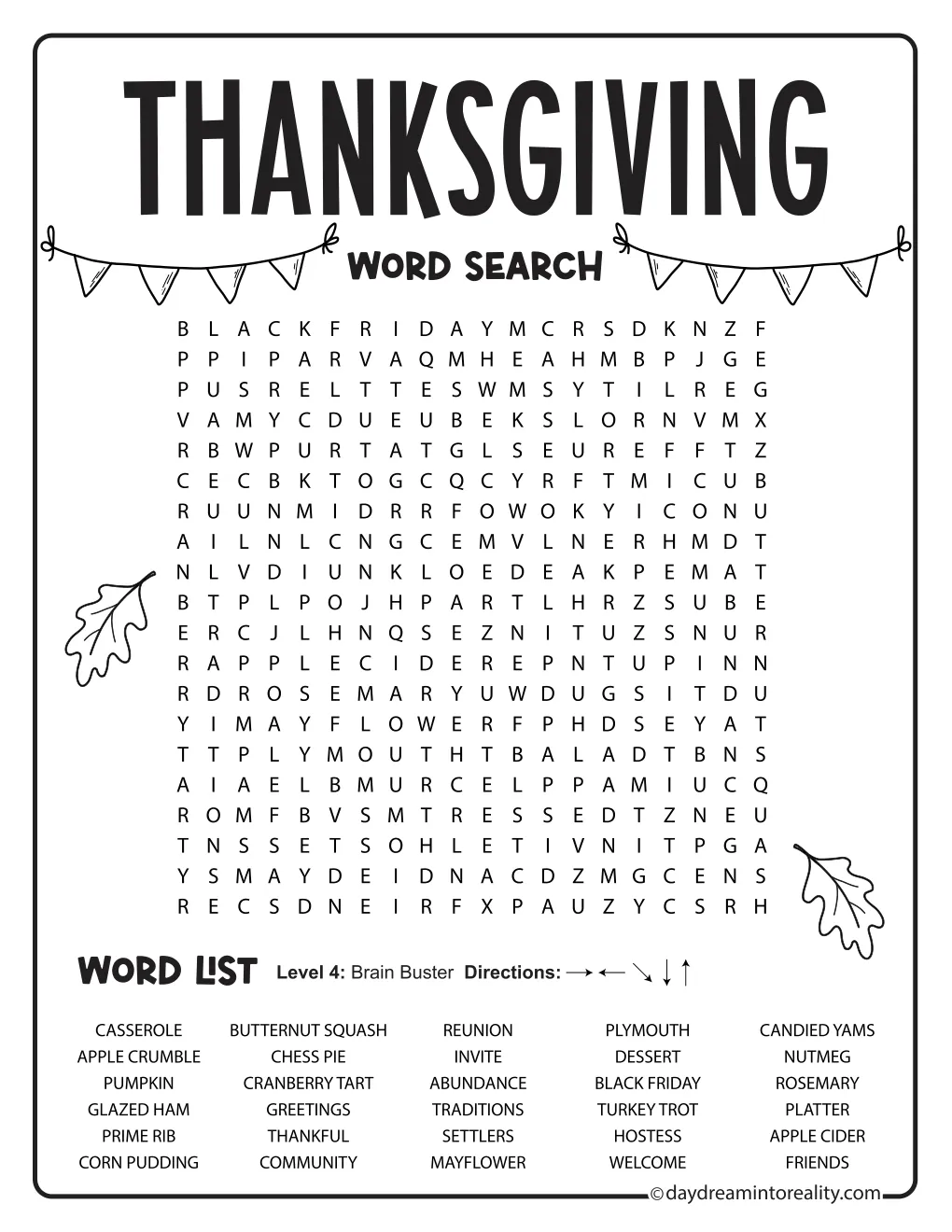 Medium-hard Thanksgiving word search with 30 words in a 20-by-20 grid, decorated with bunting and leaves.
