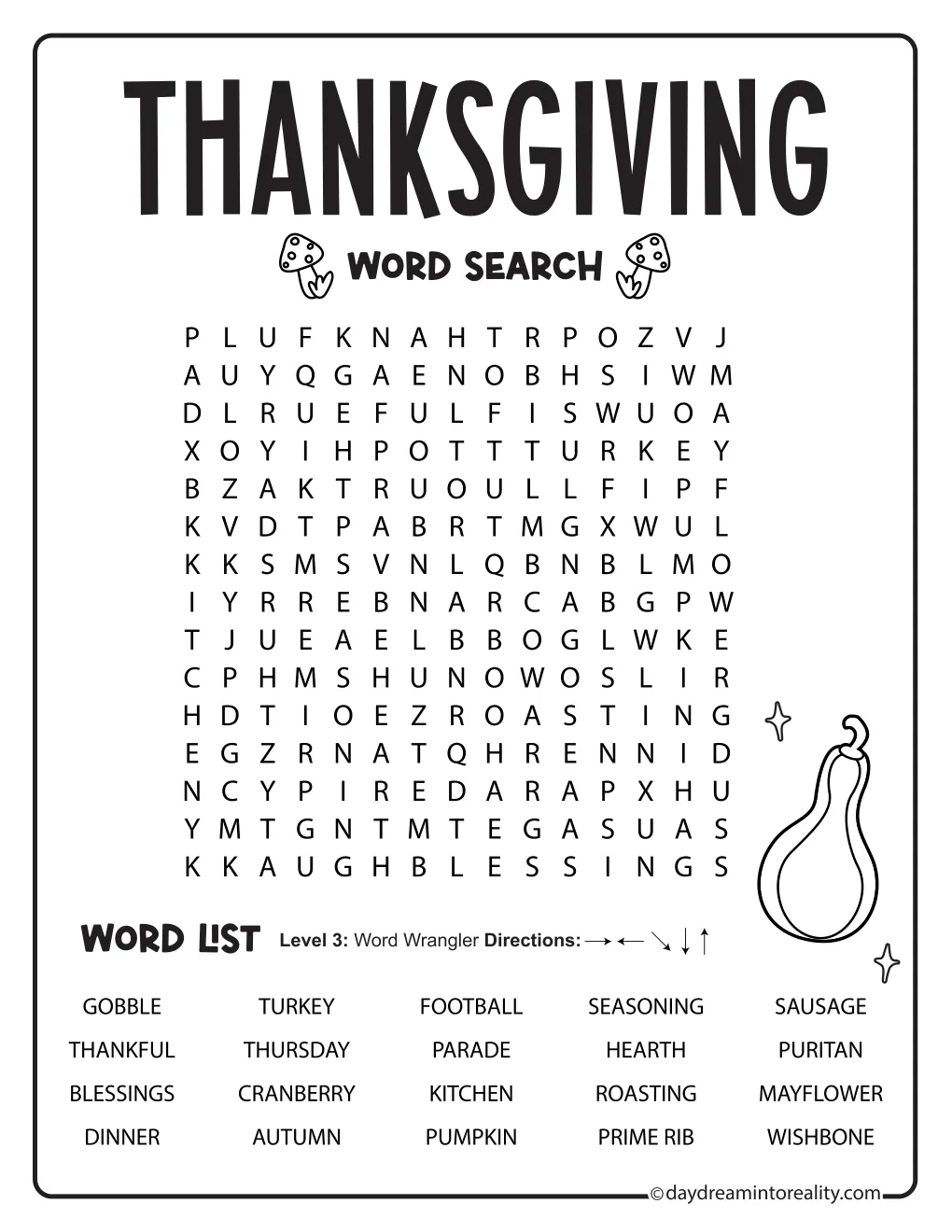 Medium Thanksgiving word search with 20 words in a 15-by-15 grid and a turkey illustration.