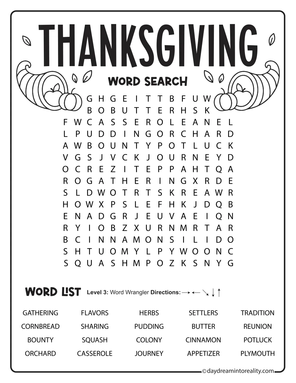 Medium Thanksgiving word search with 20 words in a 15-by-15 grid, decorated with pumpkins and a cornucopia.