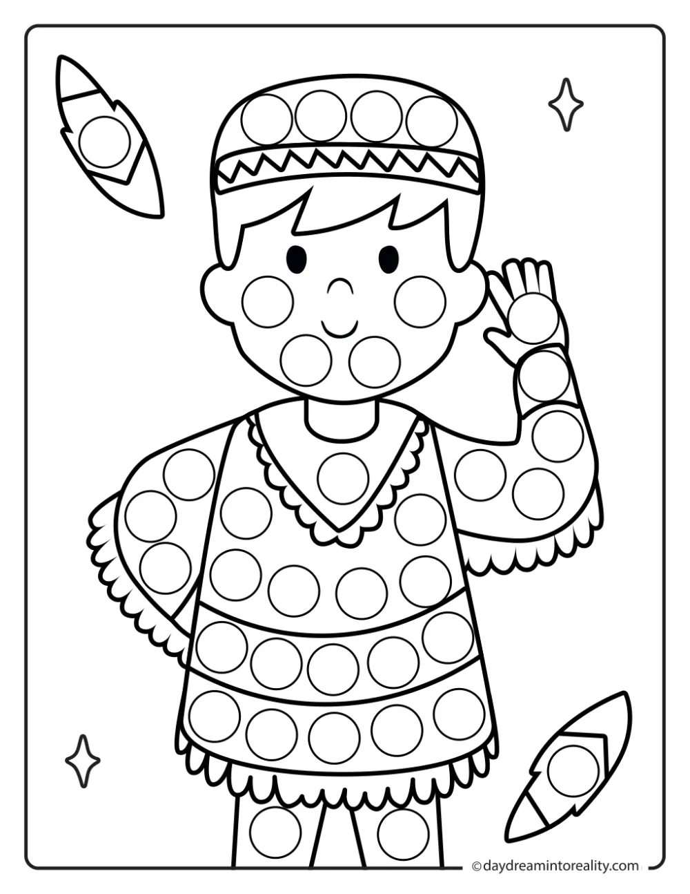 Black-and-white dot marker page featuring a waving boy wearing a fringed outfit and patterned headband, surrounded by feathers, with blank circles to dot.