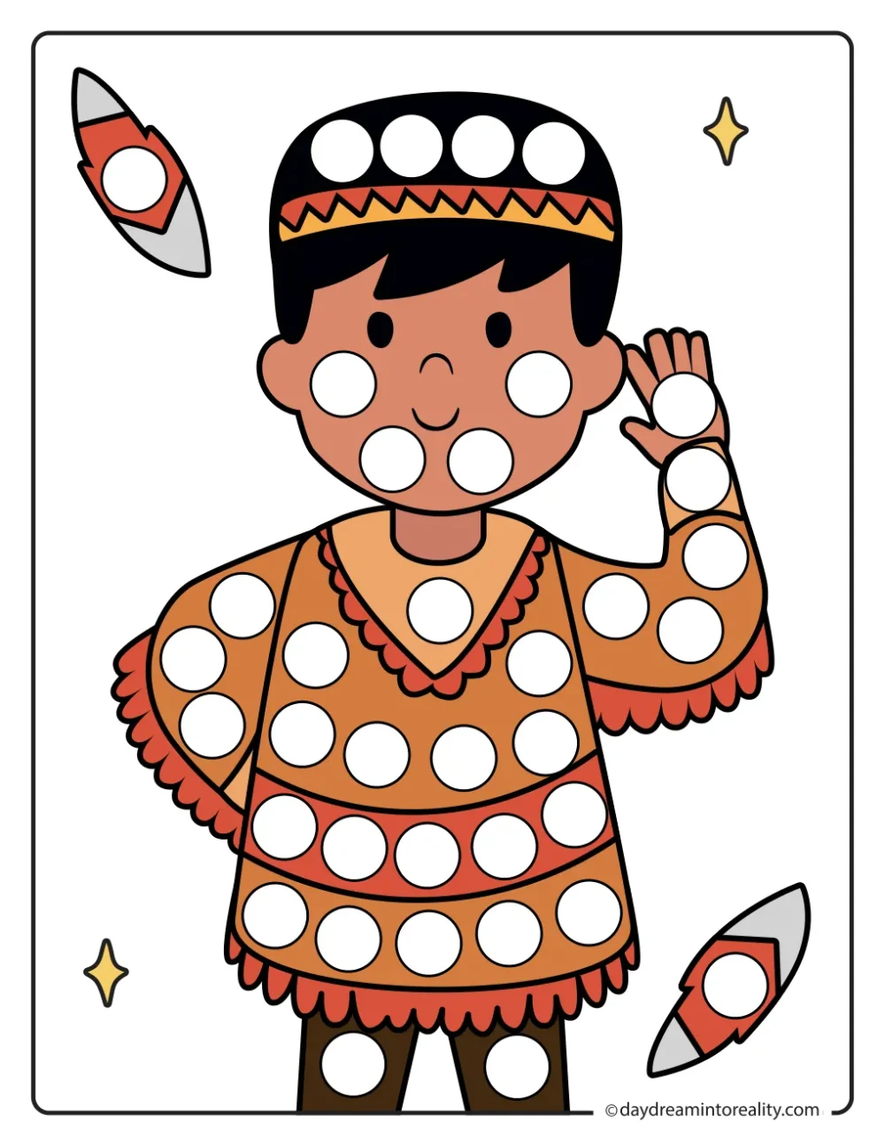 Color dot marker page featuring a waving boy wearing a fringed outfit and patterned headband, surrounded by feathers, with blank circles to dot.