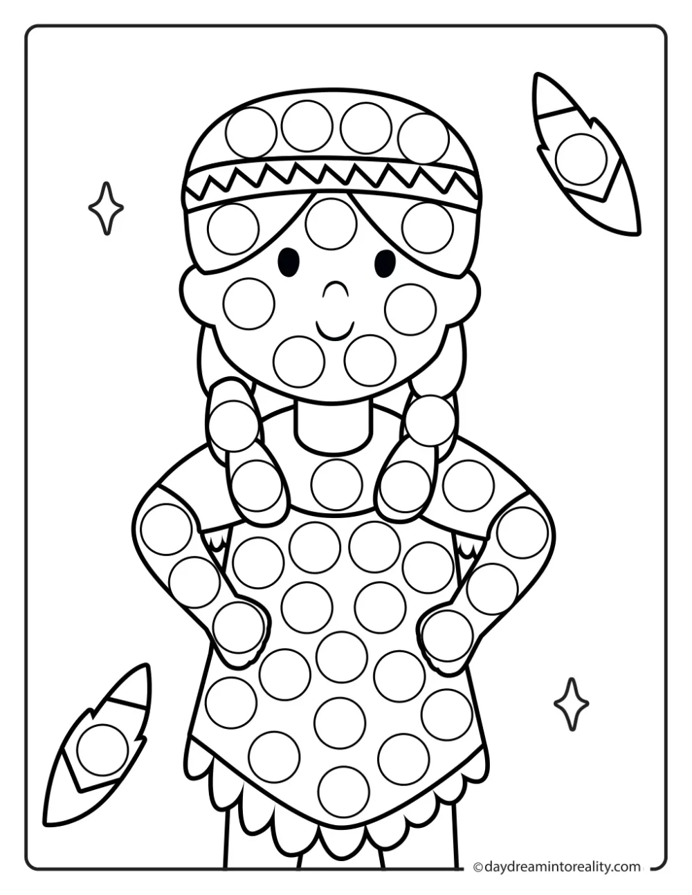 Black-and-white dot marker page featuring a girl with braids wearing a fringed outfit and patterned headband, surrounded by feathers, with blank circles to dot.
