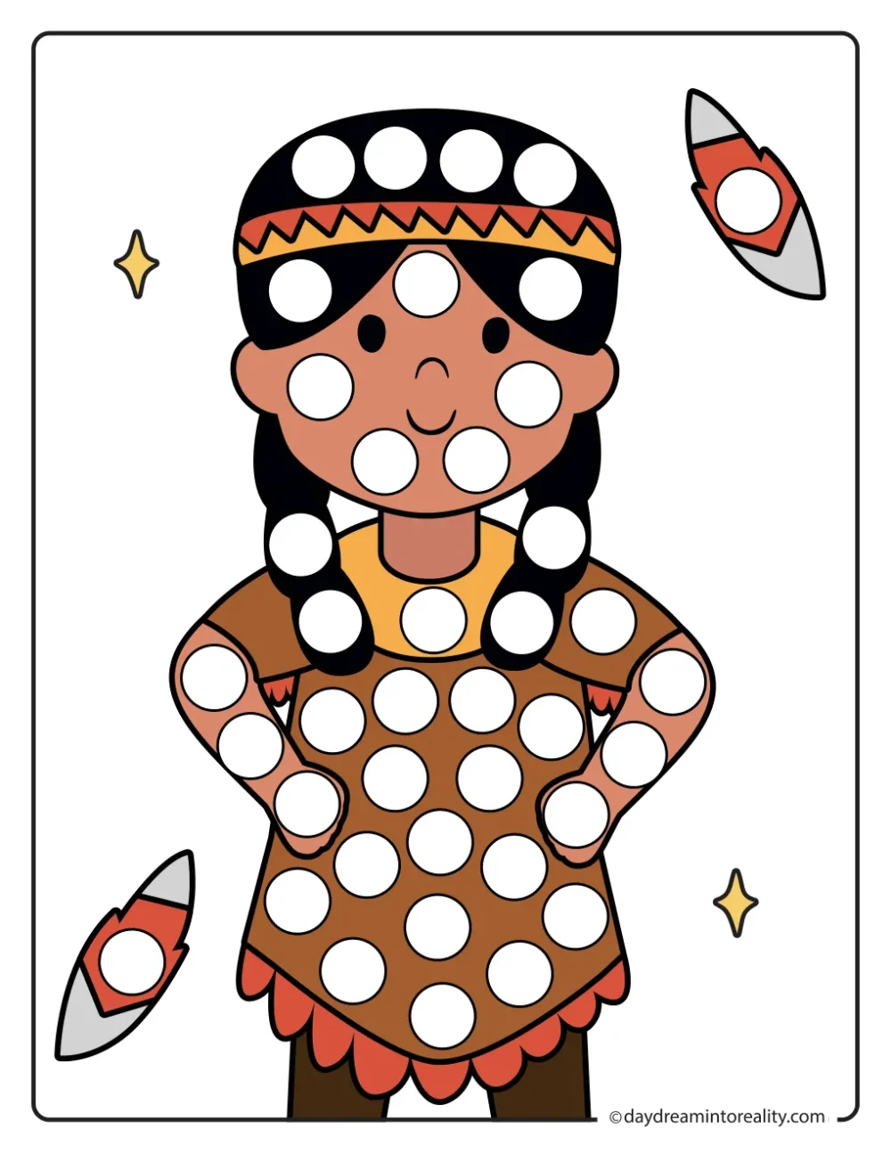 Color dot marker page featuring a girl with braids wearing a fringed outfit and patterned headband, surrounded by feathers, with blank circles to dot.
