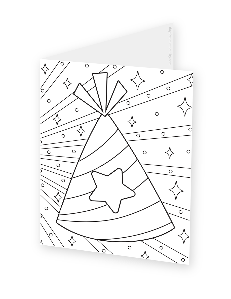 Foldable coloring card featuring a striped party hat with a large star against radiating lines and small stars.