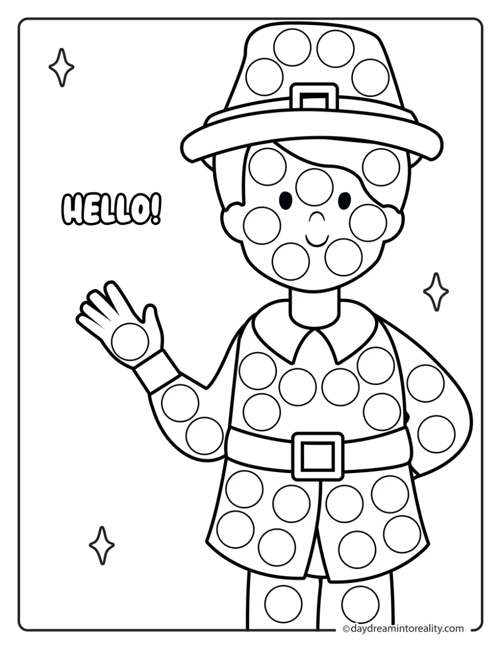 Black-and-white dot marker page featuring a waving pilgrim boy wearing a buckled hat beside the word Hello, with blank circles to dot.