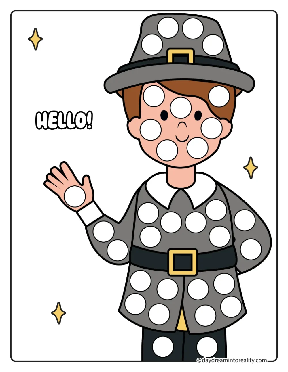 Color dot marker page featuring a waving pilgrim boy wearing a buckled hat beside the word Hello, with blank circles to dot.