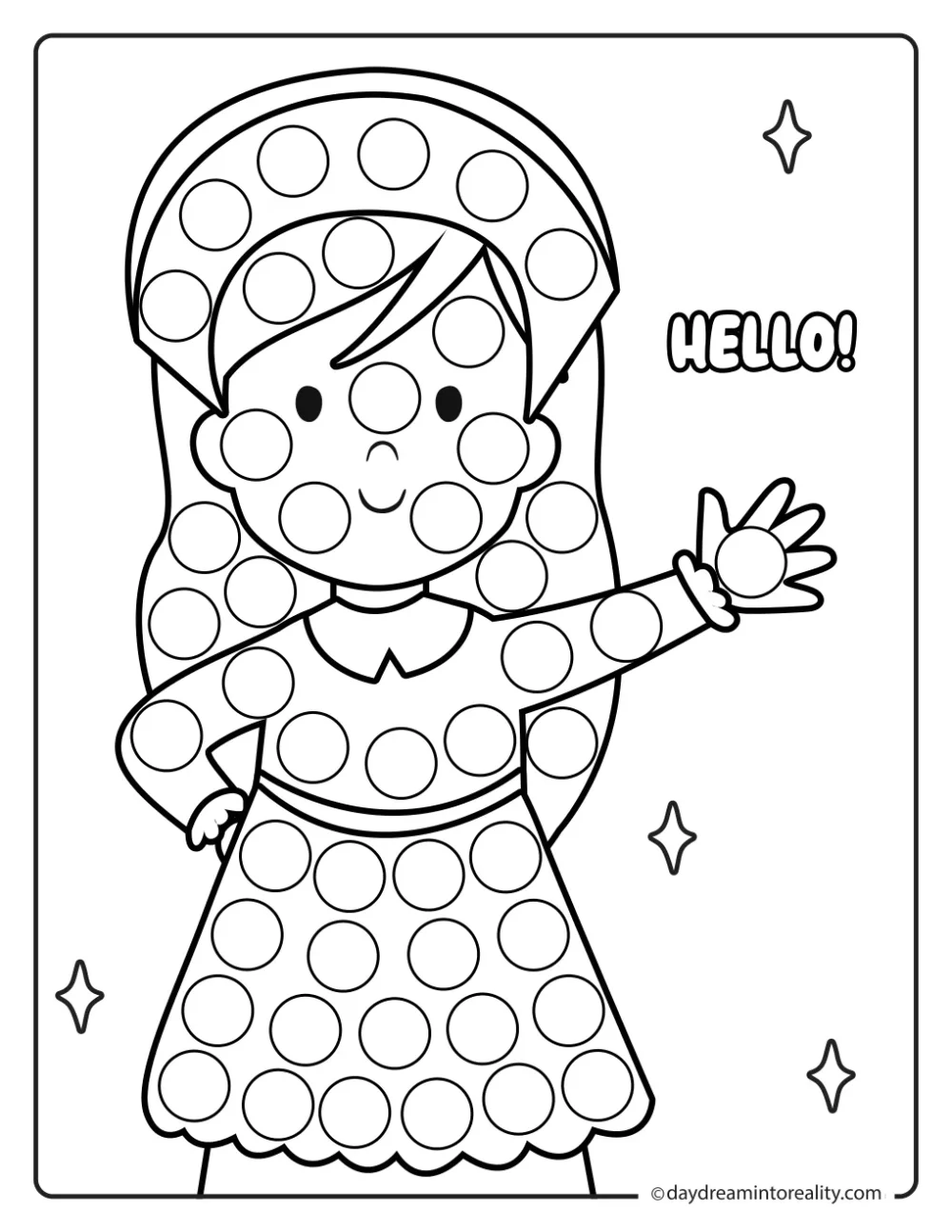 Black-and-white dot marker page featuring a waving pilgrim girl wearing a bonnet beside the word Hello, with blank circles to dot.