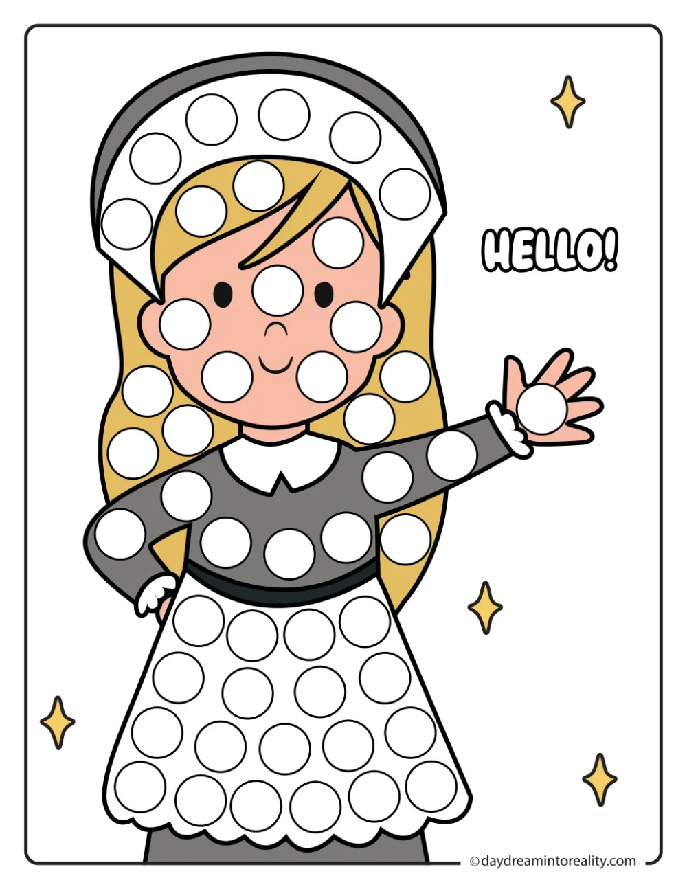 Color dot marker page featuring a waving pilgrim girl wearing a bonnet beside the word Hello, with blank circles to dot.
