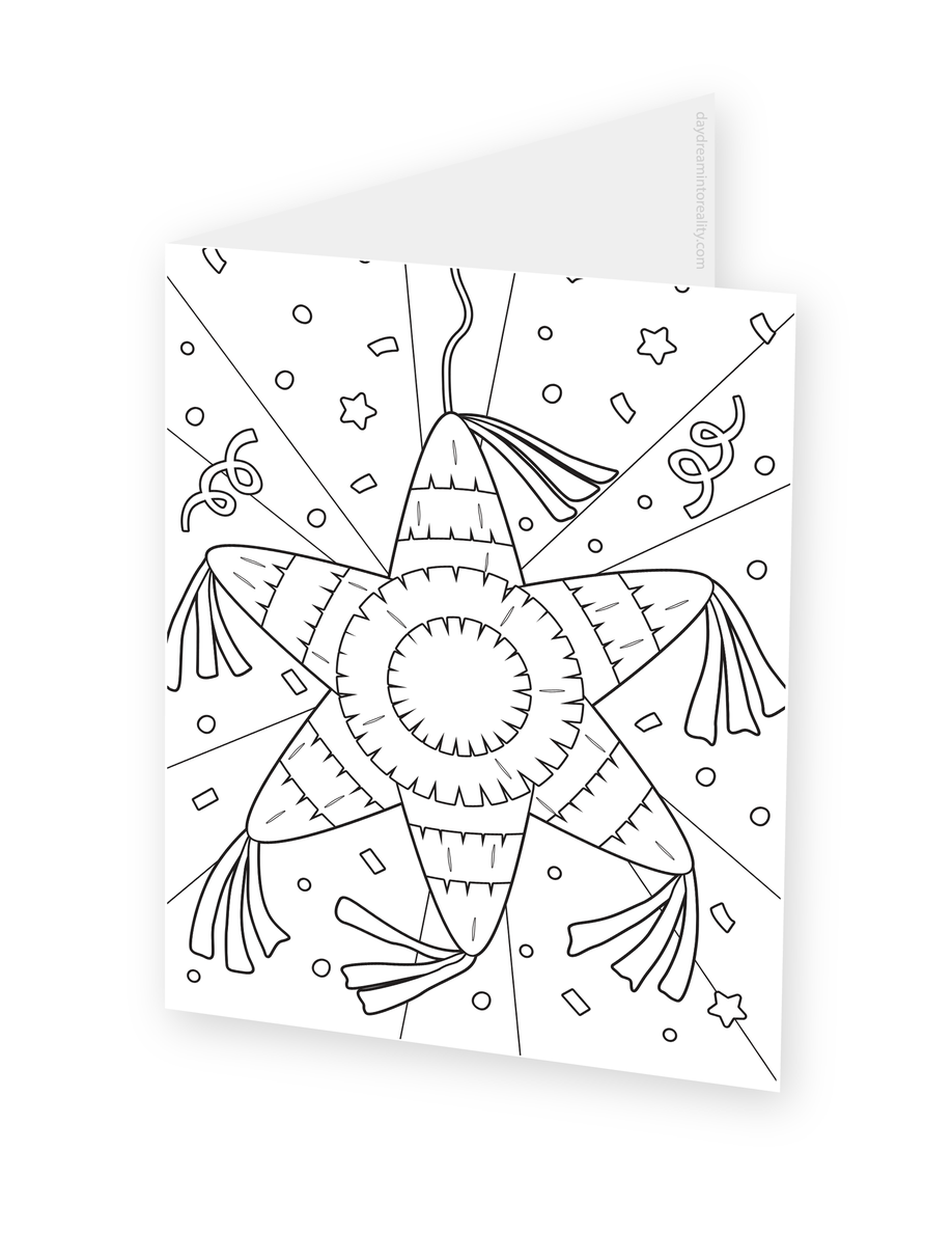 Foldable coloring card featuring a star-shaped piñata with tassels and a party hat against radiating lines.