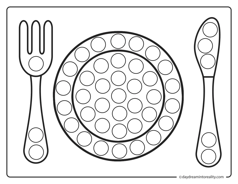 Black-and-white dot marker page featuring a plate between a fork and spoon, with blank circles to dot.