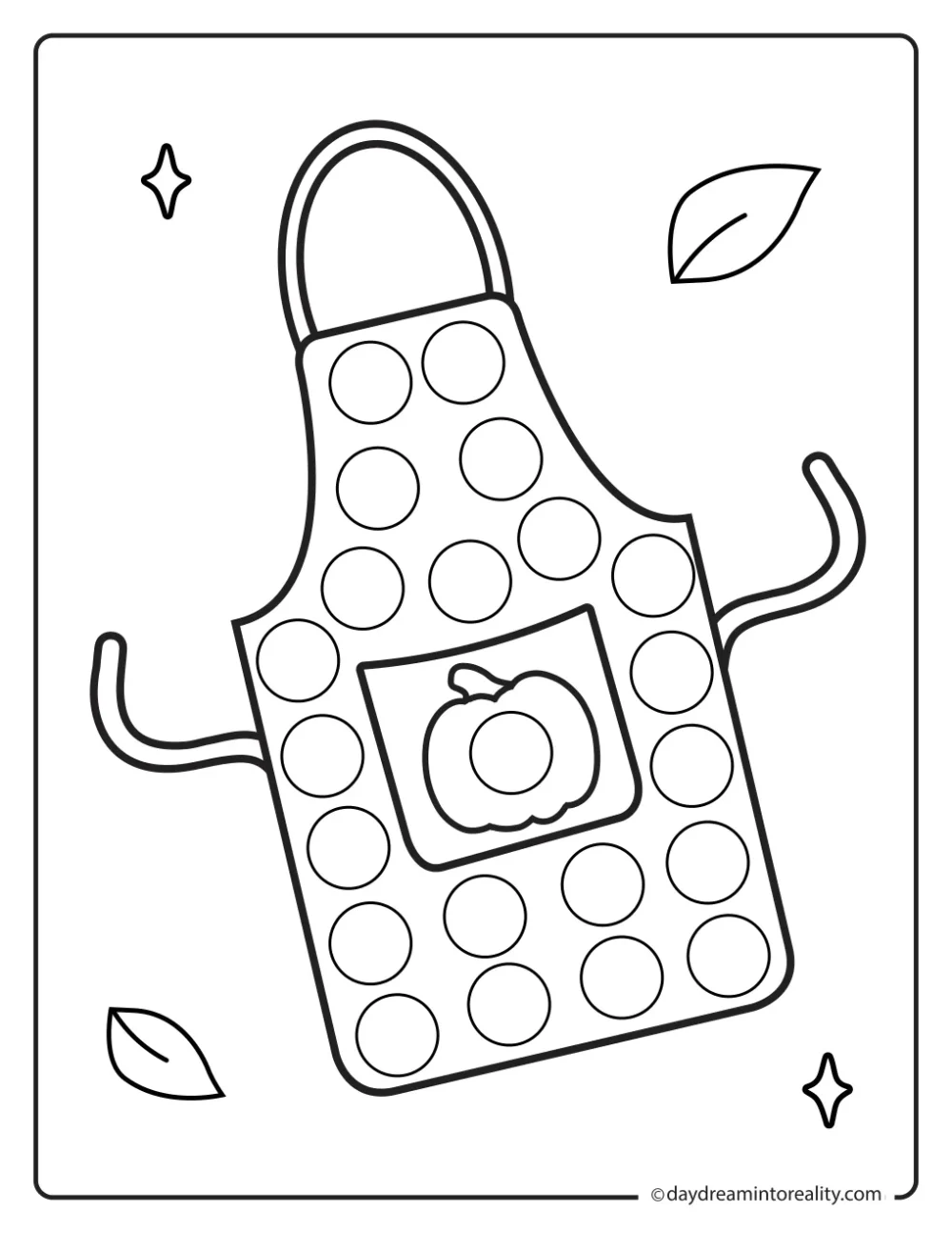 Black-and-white dot marker page featuring an apron with a pumpkin pocket surrounded by leaves, with blank circles to dot.