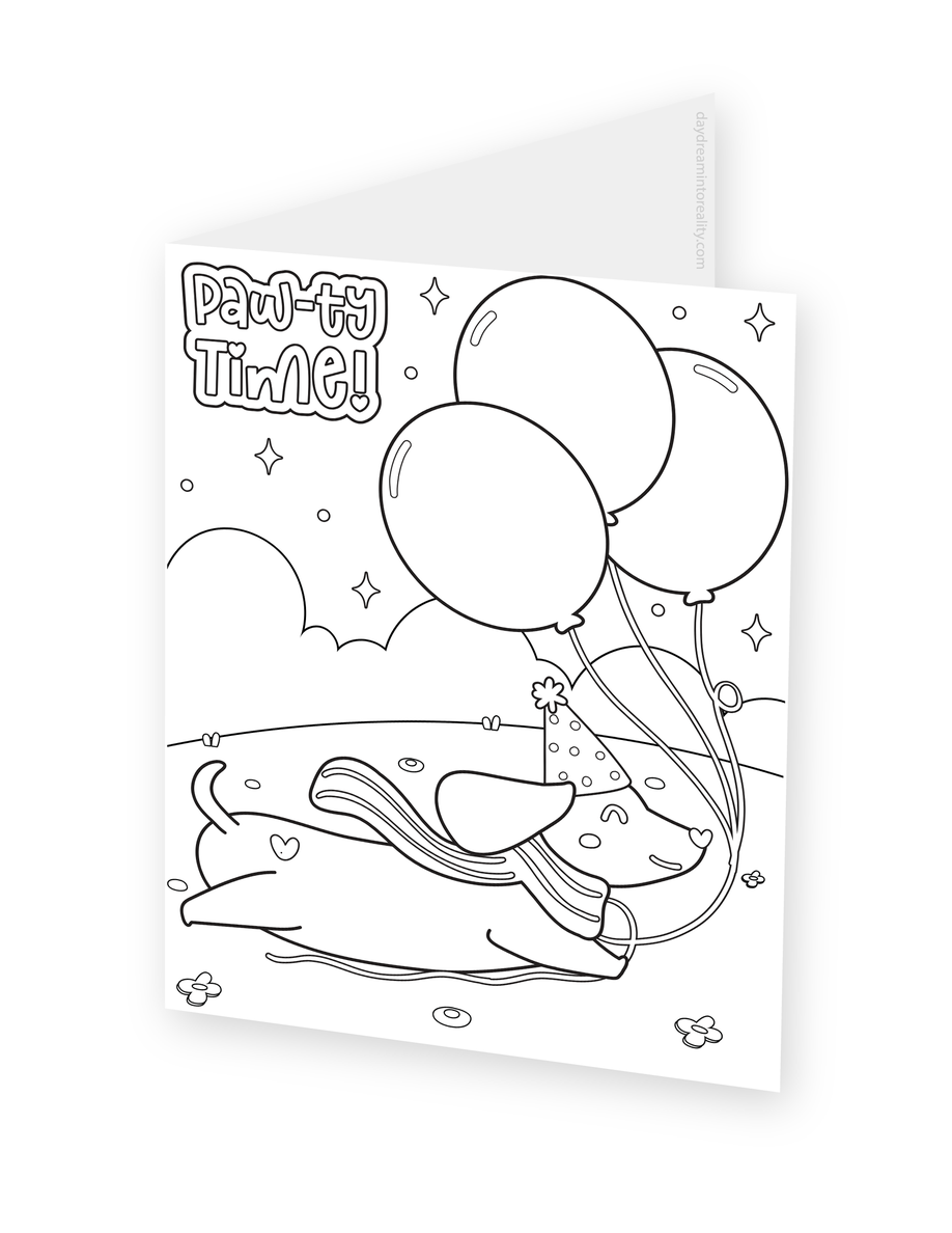 Foldable coloring card featuring a puppy in a party hat holding balloons beside Paw-ty Time lettering.