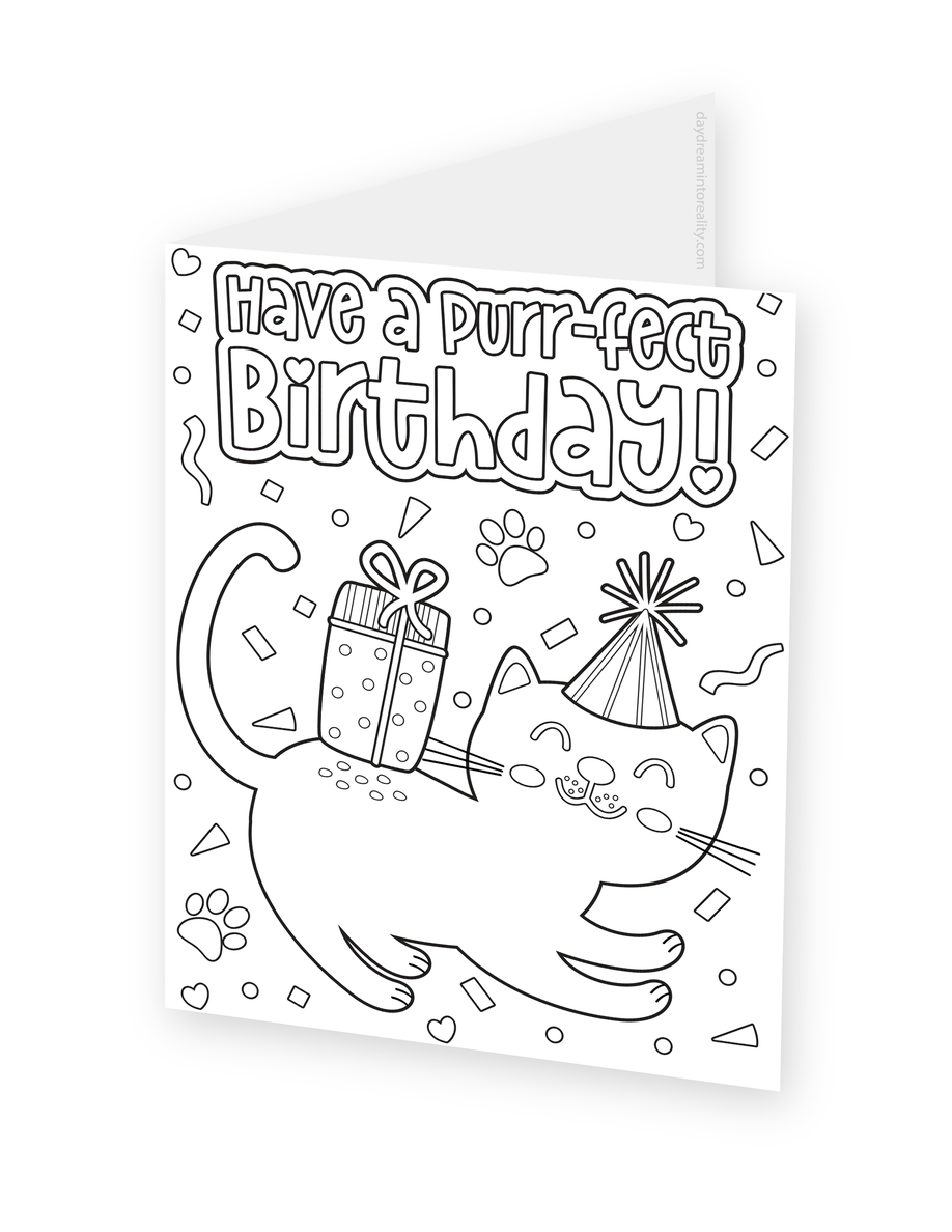 Foldable coloring card featuring a playful cat in a party hat with a wrapped gift and Have a Purr-fect Birthday lettering.